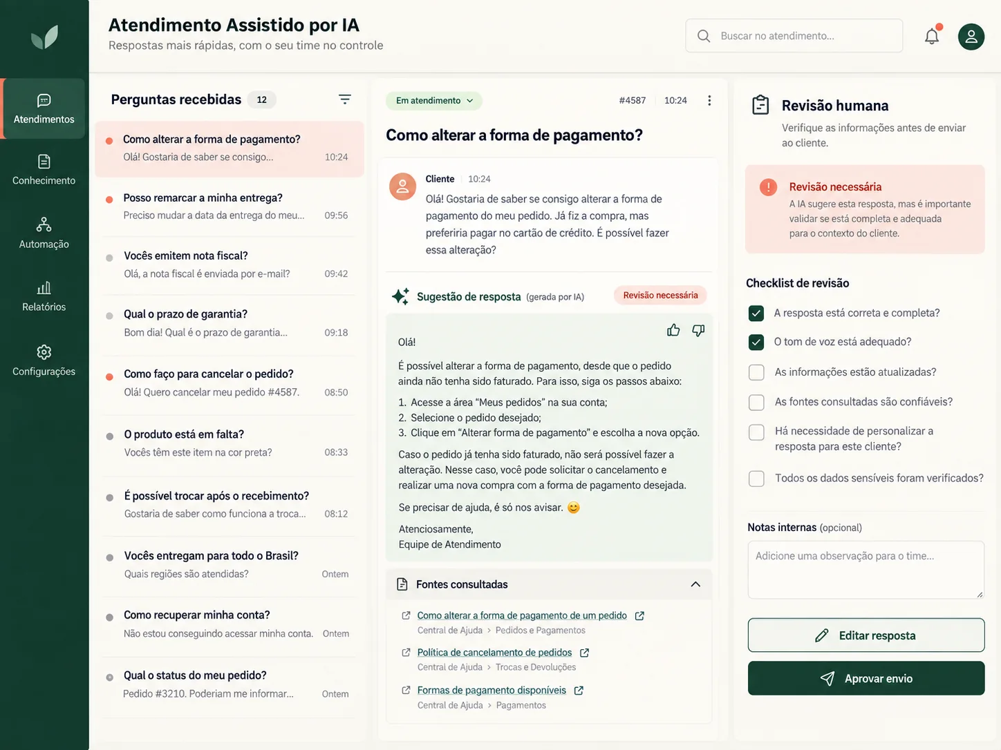 Estudo visual de assistente que sugere resposta com fontes para uma pessoa revisar
