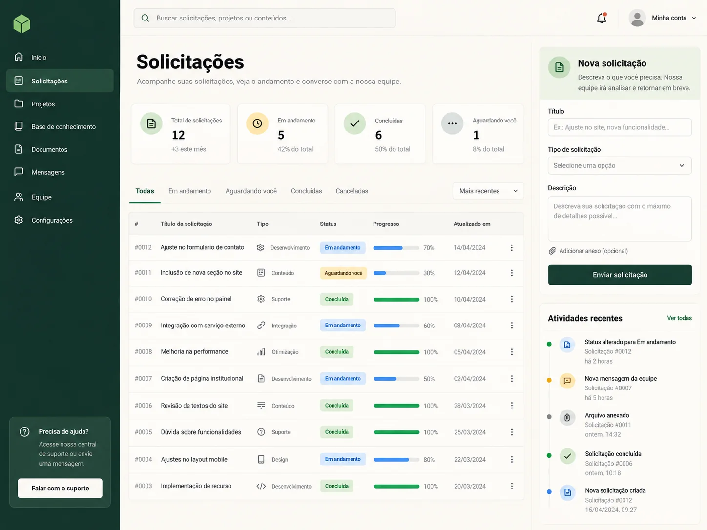 Estudo visual de portal com solicitações, status e formulário de nova demanda