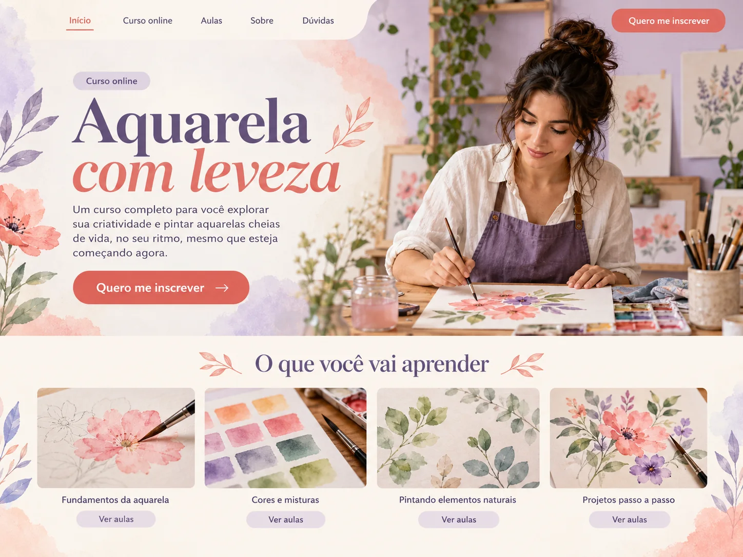 Estudo visual de página de curso online de pintura em aquarela