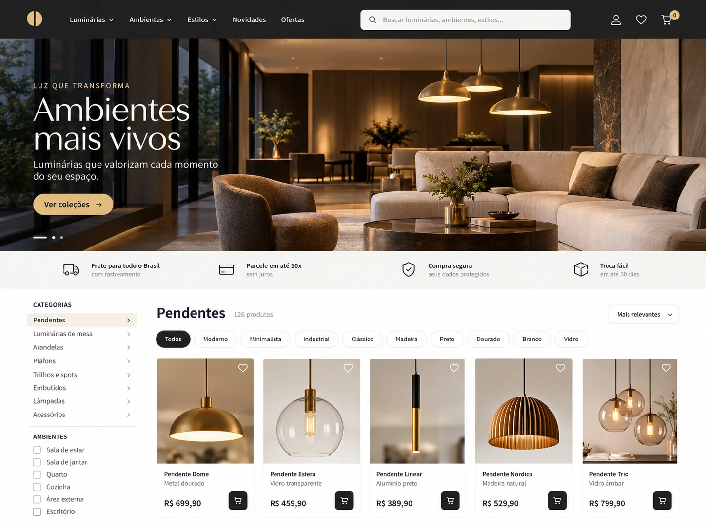 Estudo visual de loja de luminárias com busca, categorias e produtos