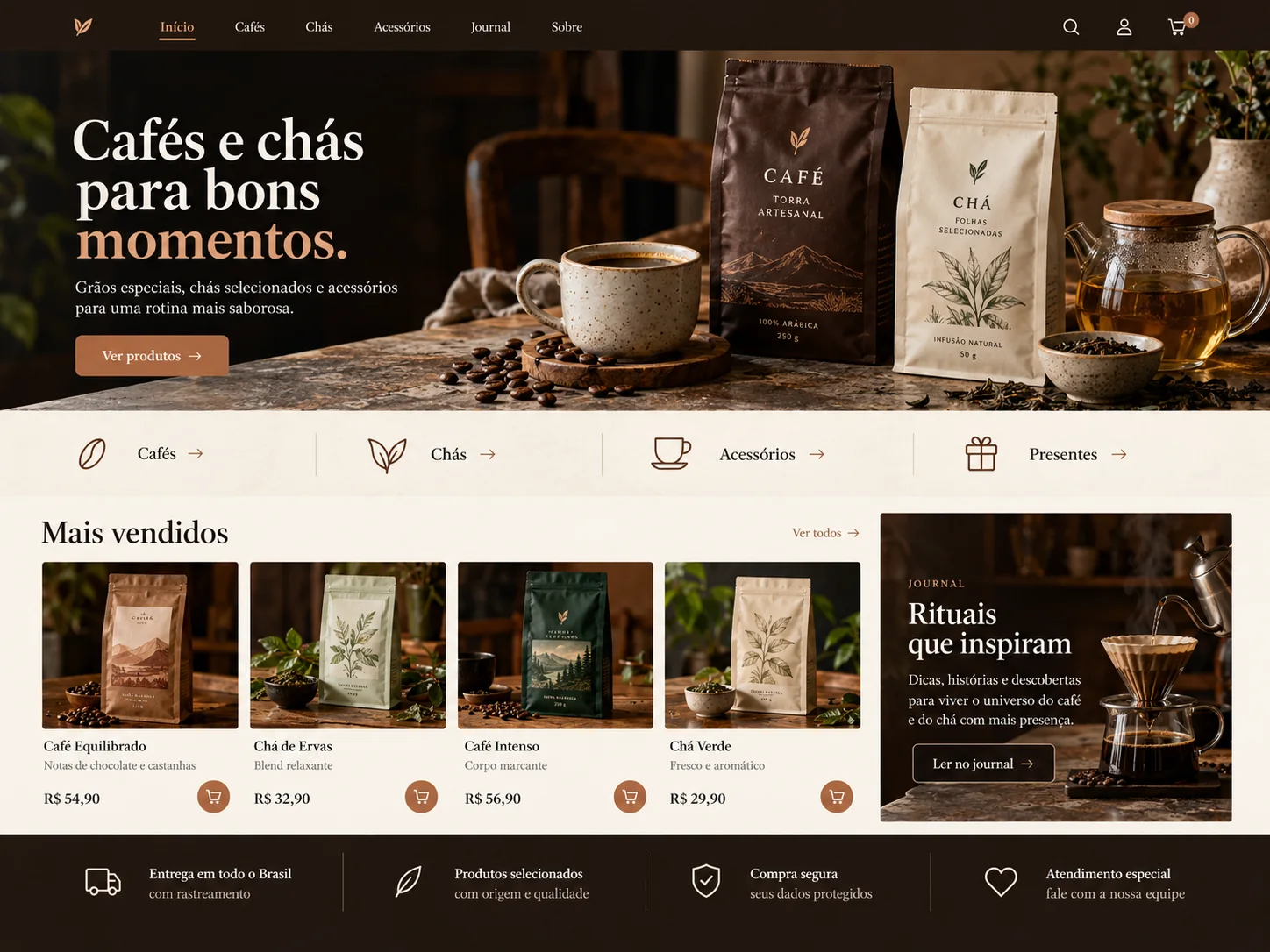 Estudo visual de loja de cafés especiais com produtos e conteúdo editorial