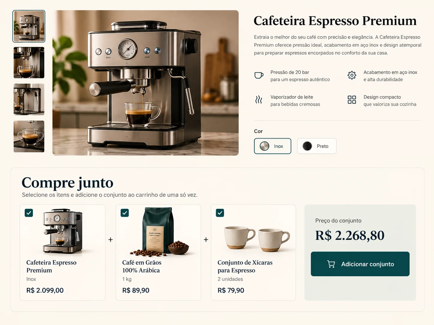 Estudo visual de compra combinada de cafeteira, café e xícaras