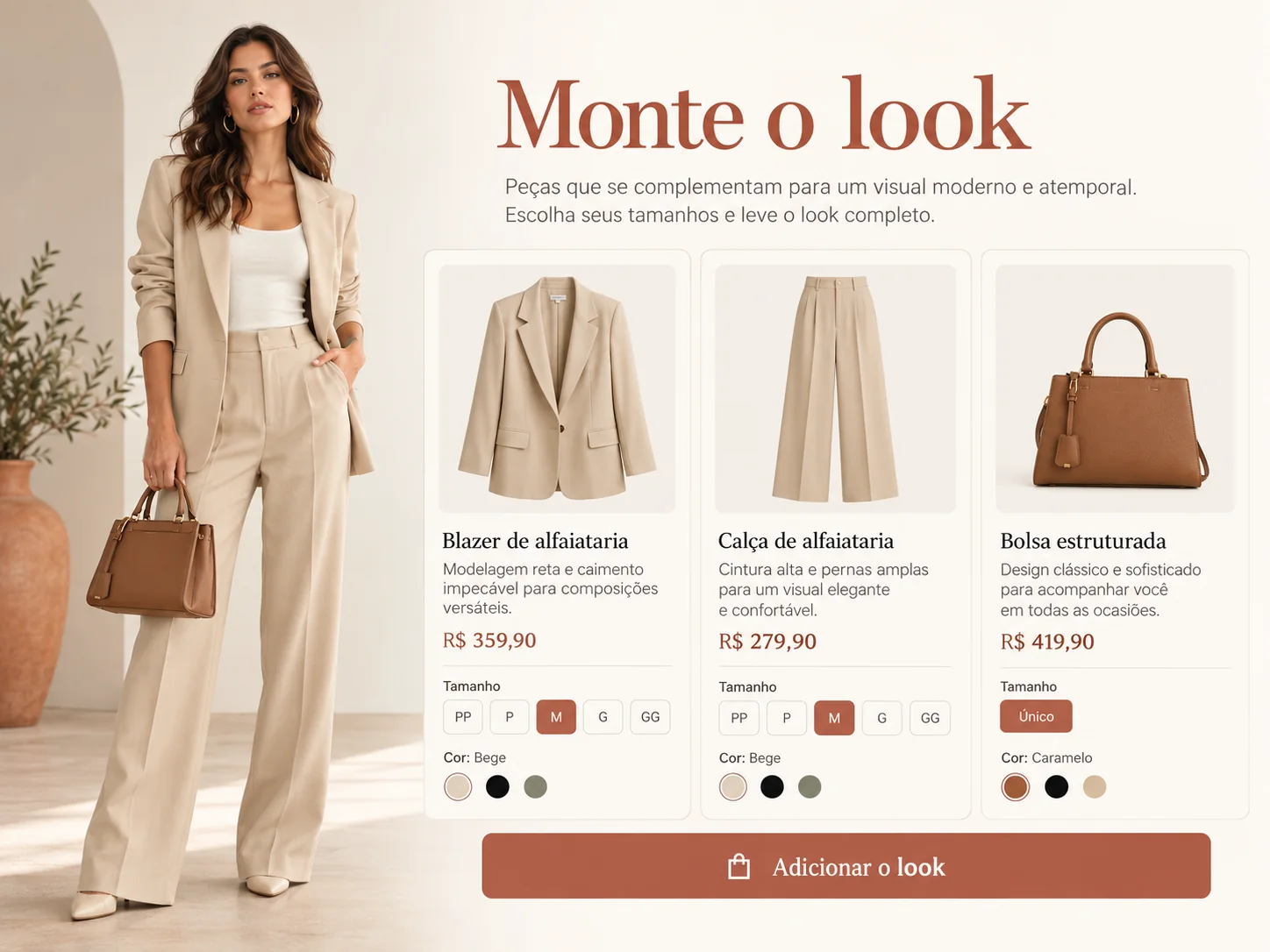 Estudo visual de look com peças selecionáveis e tamanhos
