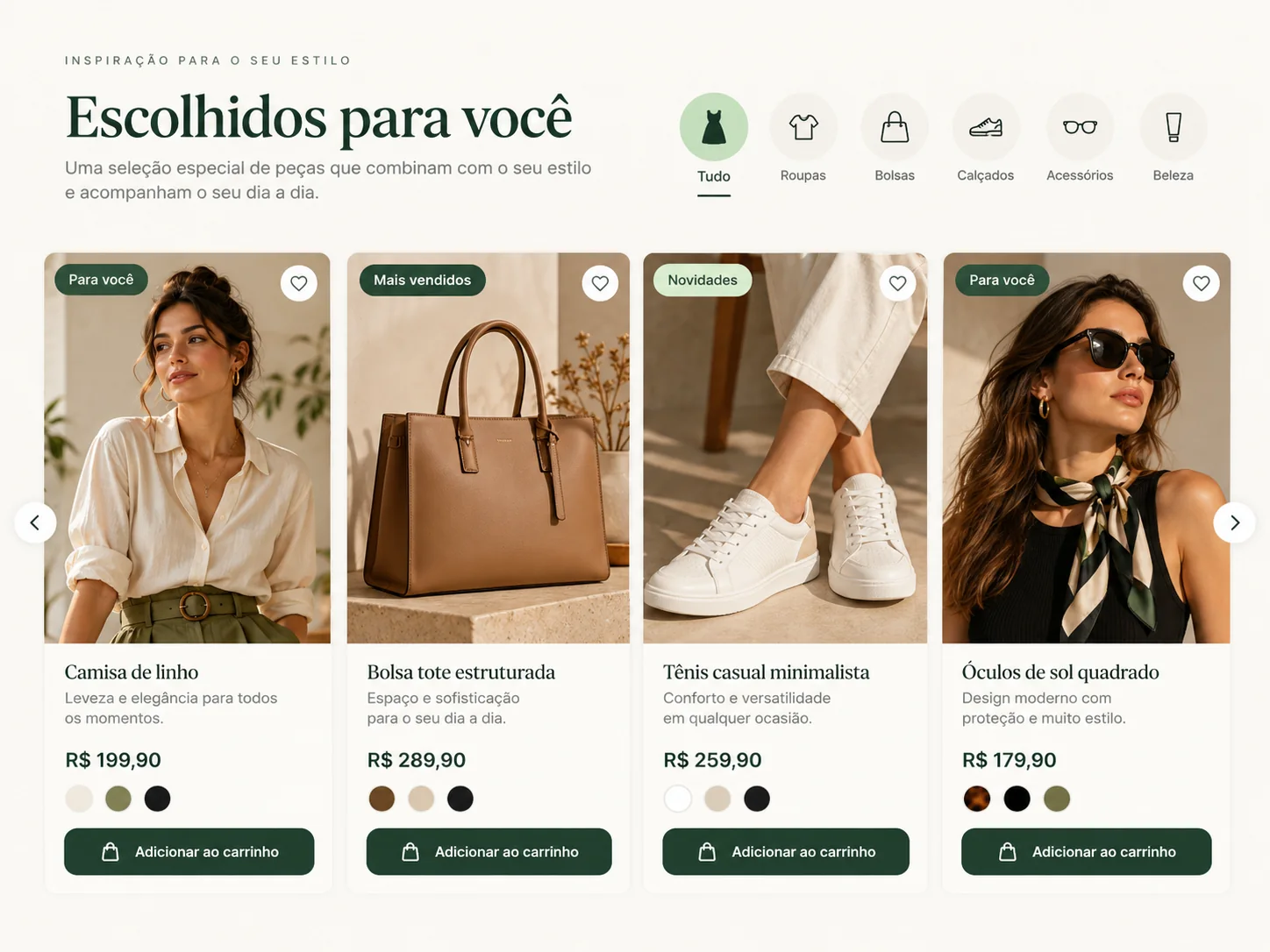 Estudo visual de vitrine com categorias e produtos recomendados