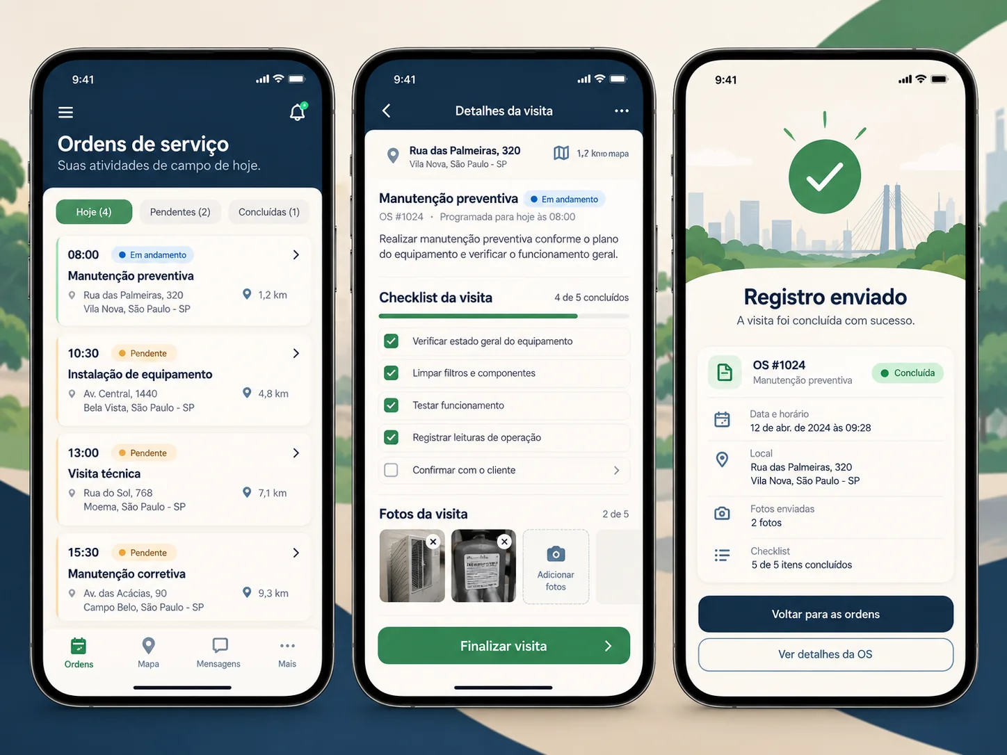 Estudo visual de três telas de aplicativo de serviço em campo: ordens, checklist e registro