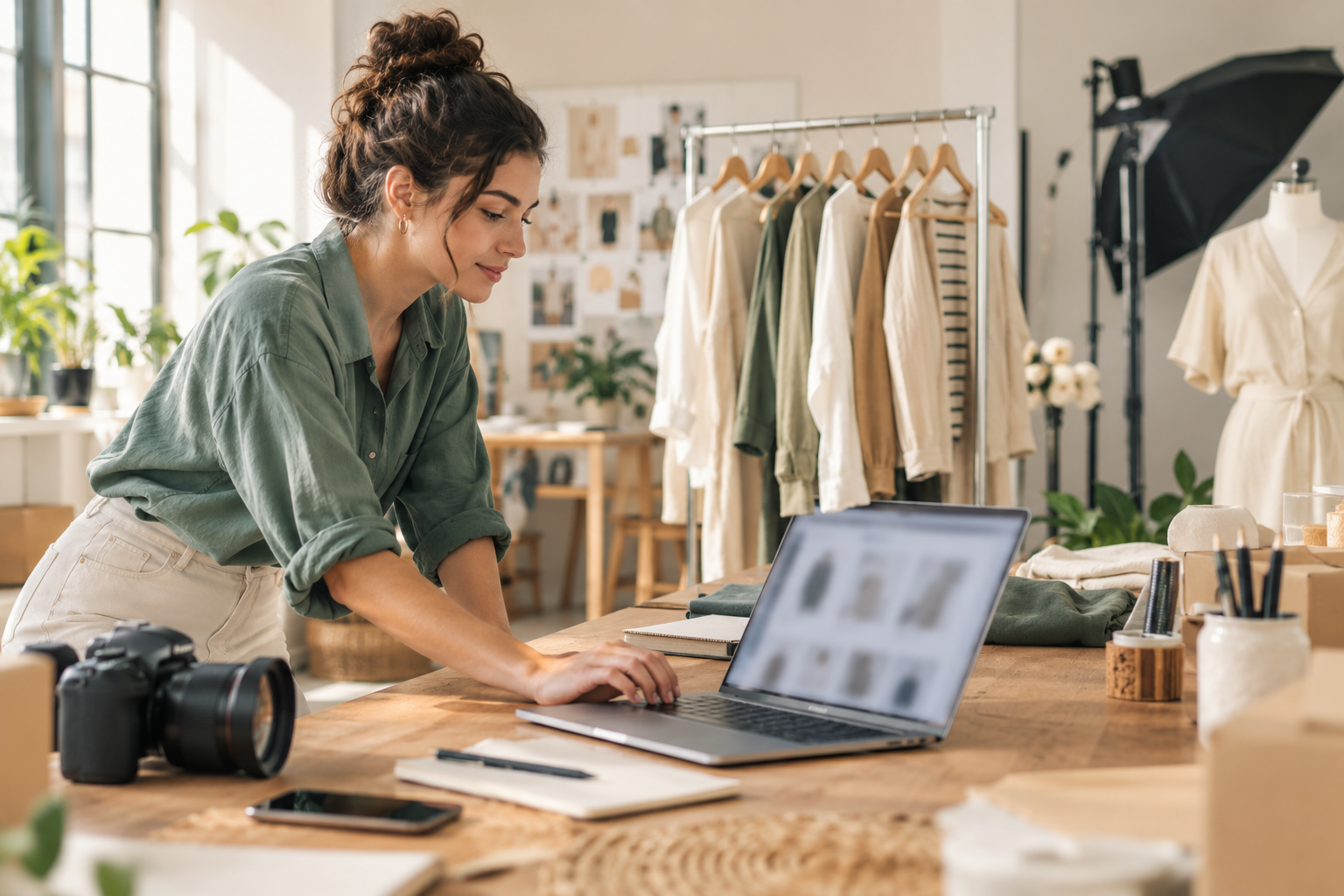 Estúdio de moda preparando fotografias e catálogo para uma loja virtual