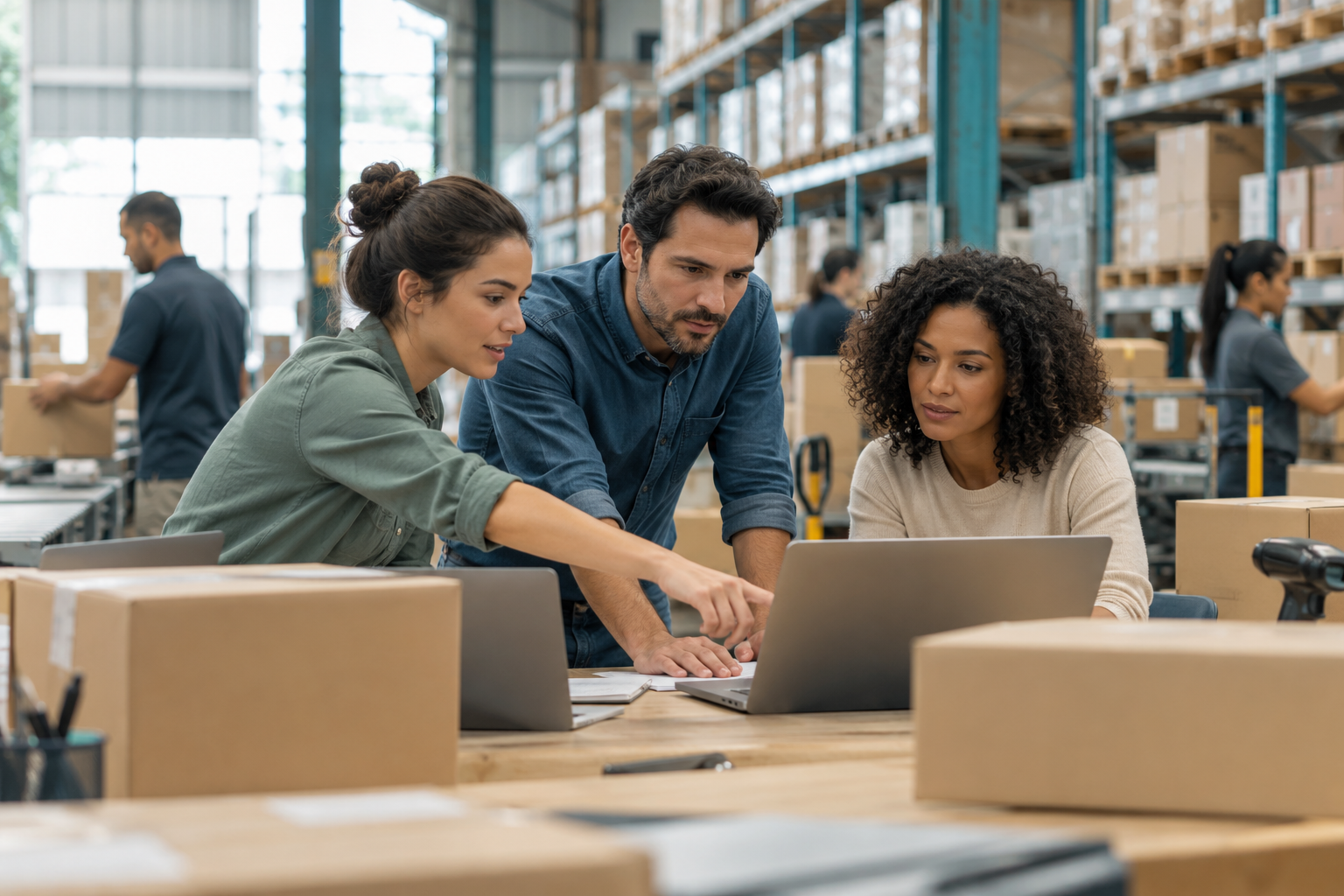 Equipe de operação analisando informações de estoque em um centro de distribuição