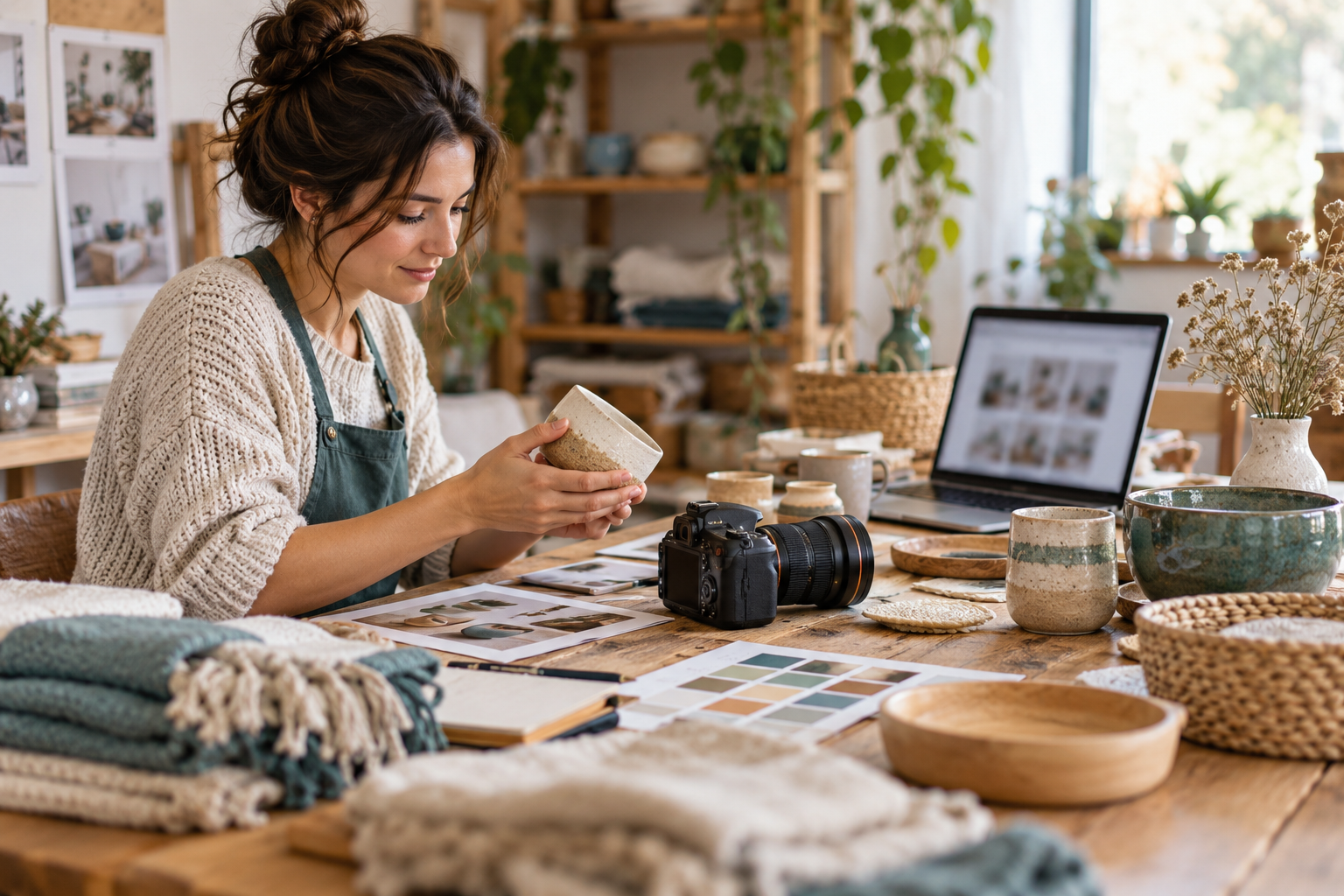 Artesã organizando fotos de produtos e materiais para uma loja WooCommerce